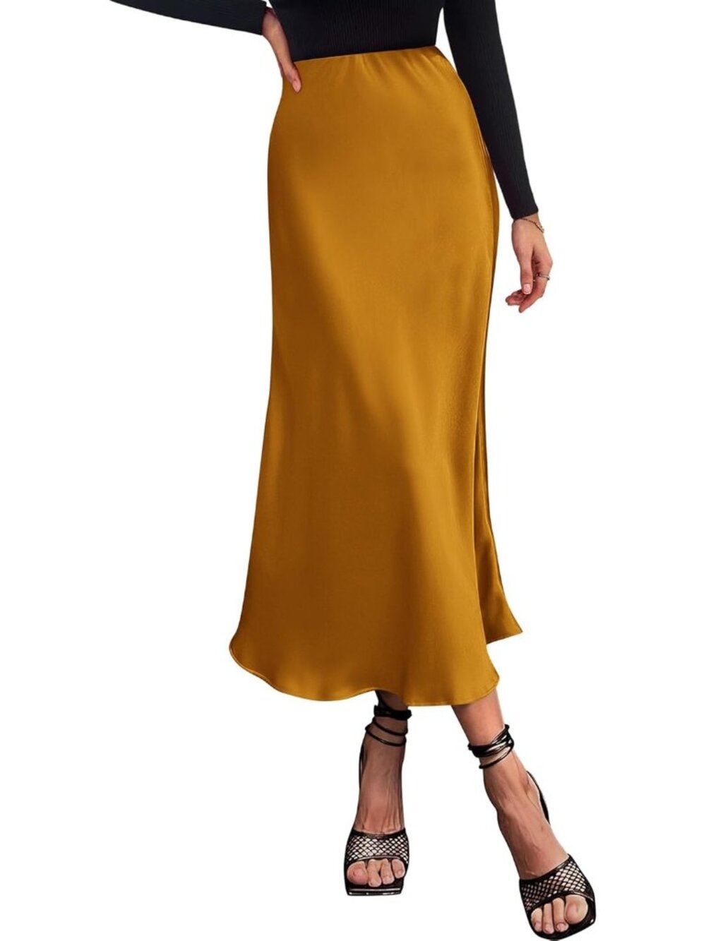 Women Brown Yellow Polyester Elastane High Waist Lightweight A-Line Long Skirt